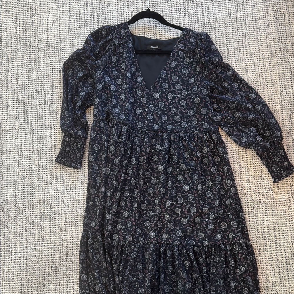 Madewell Black Long Sleeve Floral V-Neck Sundress